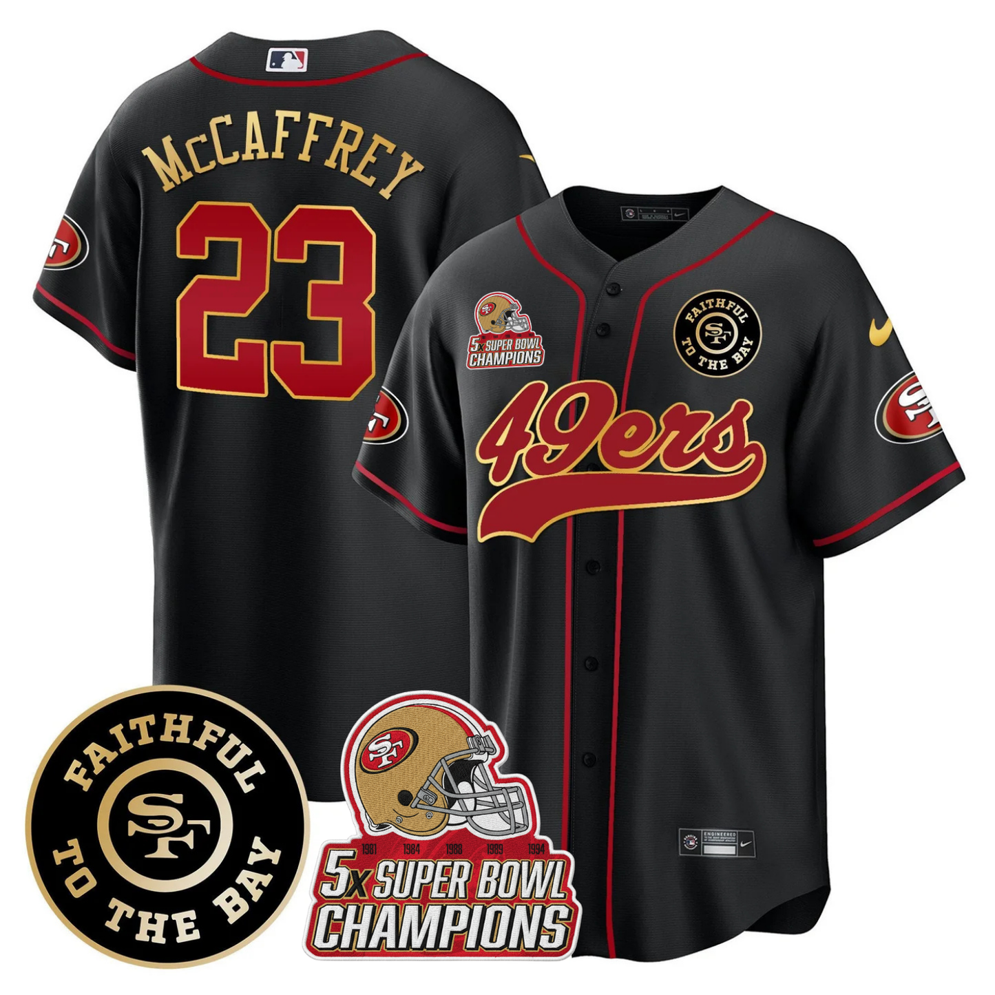 49ers Faithful To The Bay & 5x Champions Patch Baseball Jersey - All Stitched