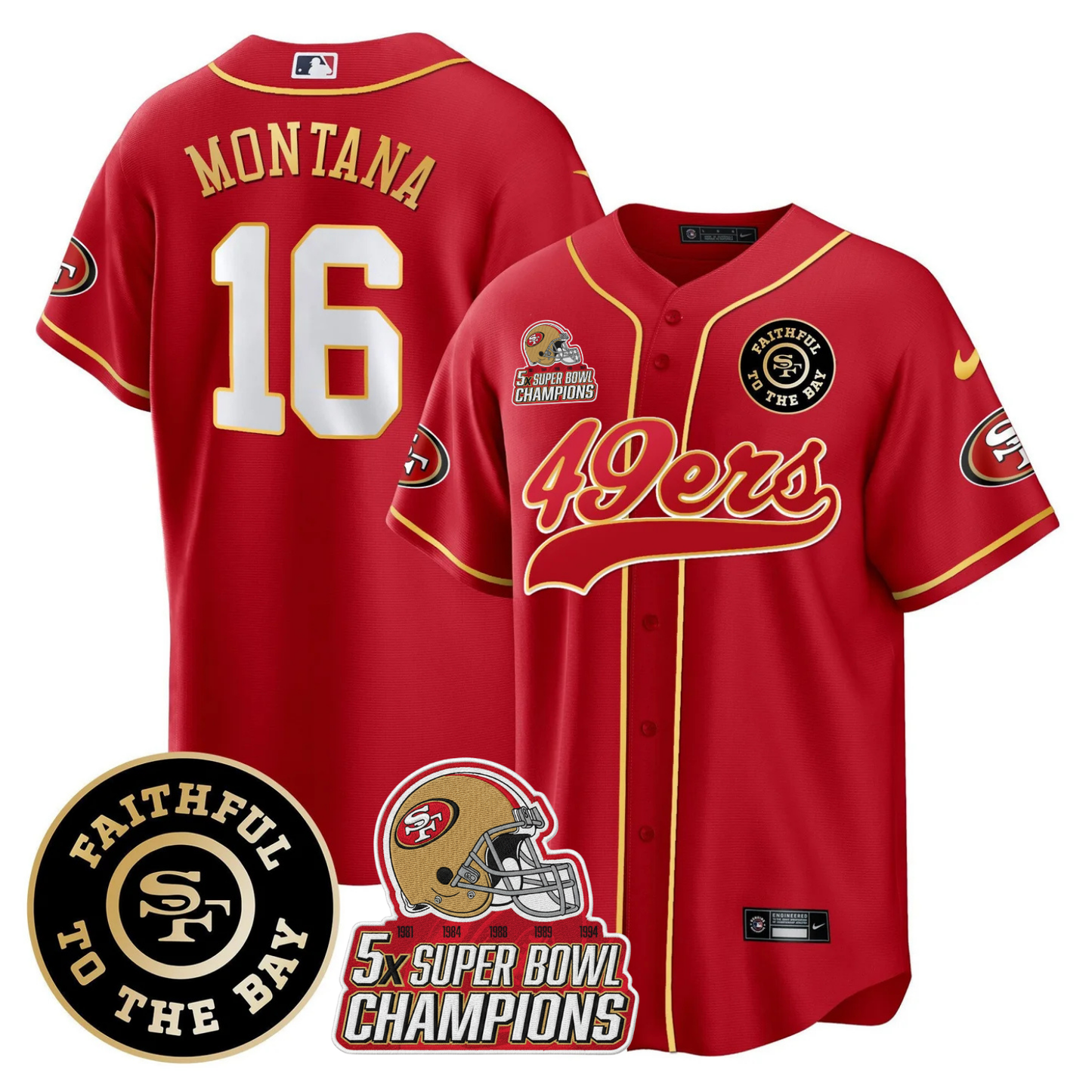 49ers Faithful To The Bay & 5x Champions Patch Baseball Jersey - All Stitched