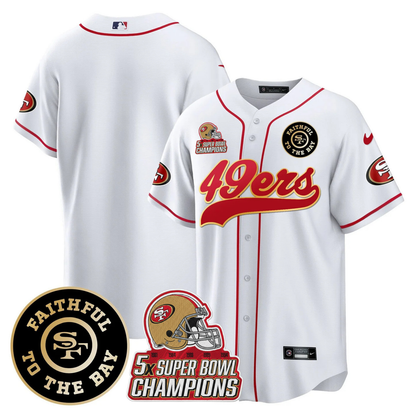 49ers Faithful To The Bay & 5x Champions Patch Baseball Jersey - All Stitched