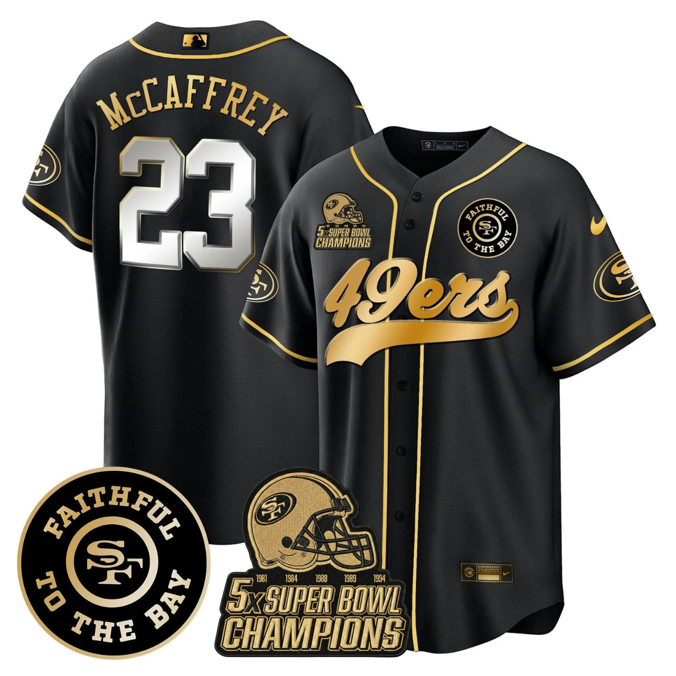 49ers Faithful To The Bay & 5x Champions Patch Baseball Jersey - All Stitched